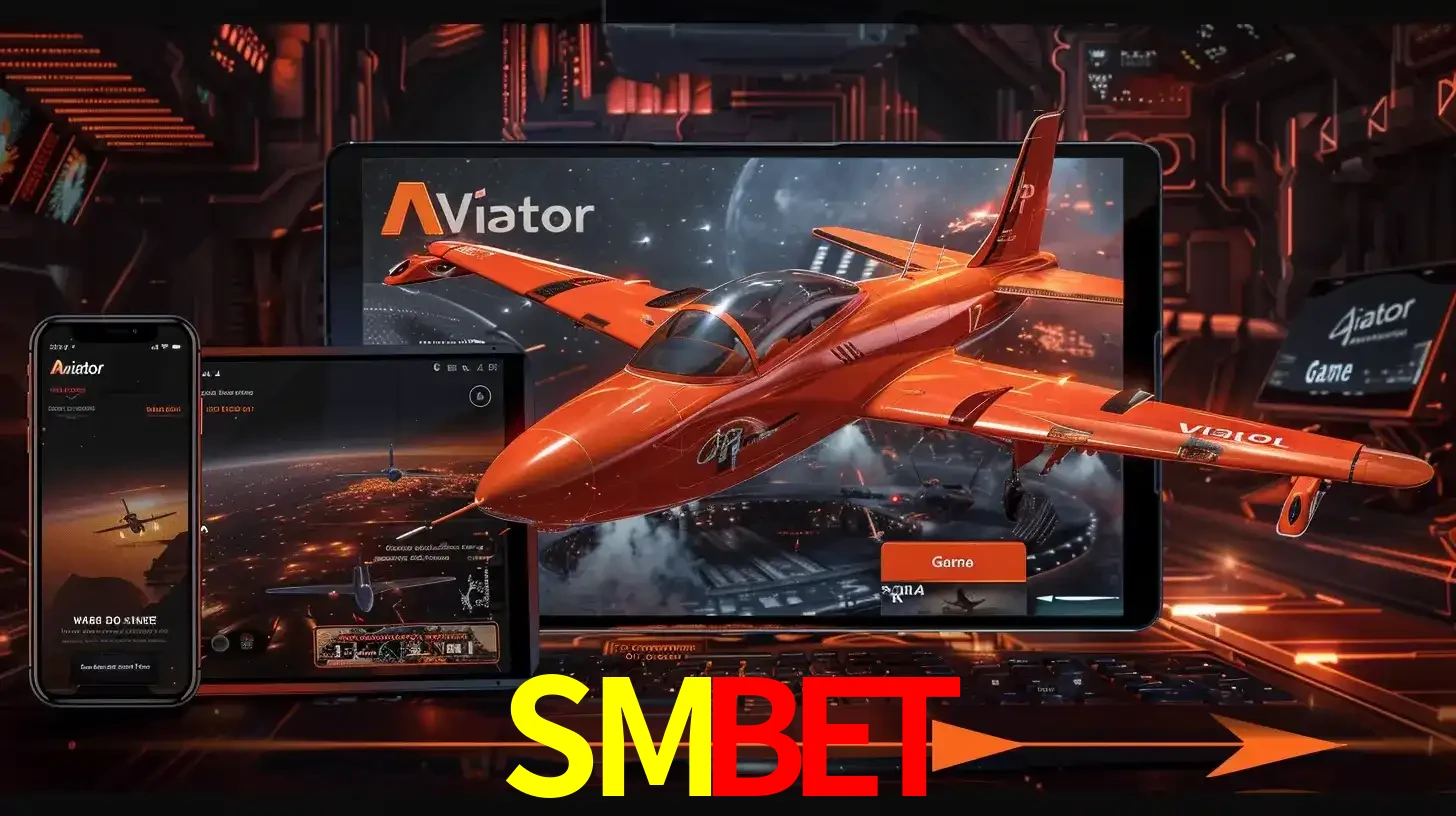 Apresentação tecnológica do jogo Aviator com um avião saindo da tela de um tablet, demonstrando a experiência imersiva em múltiplos dispositivos no SMBET.