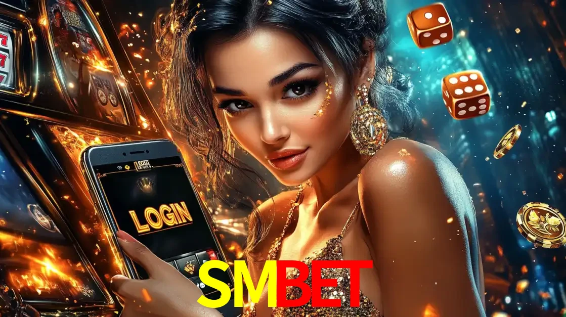 Mulher glamourosa segurando um celular com a tela de login do cassino SMBET, rodeada por dados e moedas douradas, pronta para começar a diversão.