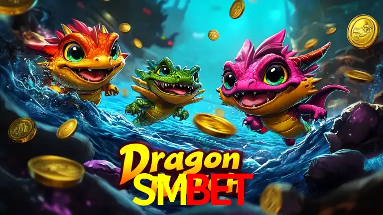 Arte promocional do jogo Dragon Hatch com três adoráveis dragões bebês nadando entre moedas de ouro, um dos slots mais divertidos para jogar no cassino SMBET.