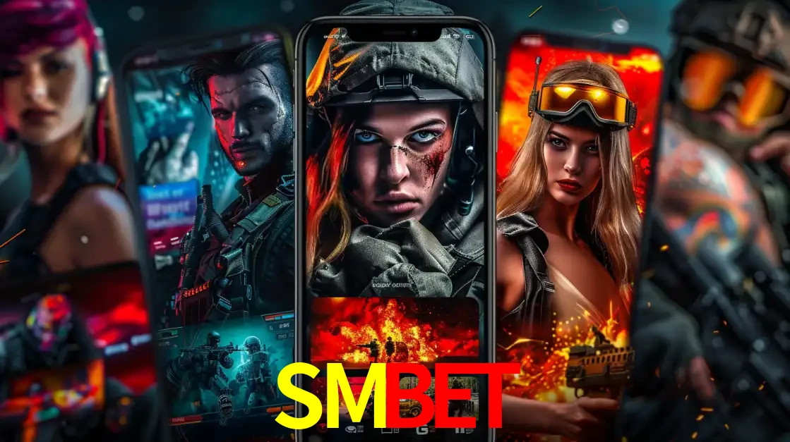 Montagem de telas de celular mostrando diversos personagens, masculinos e femininos, de um jogo de tiro, ilustrando a diversidade de equipes de e-sports para apostar no SMBET.
