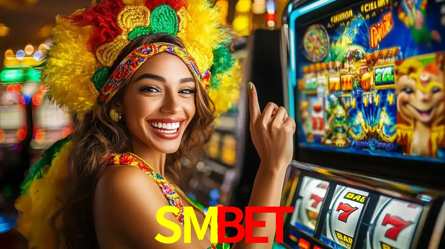 Mulher animada com um cocar de carnaval apontando para uma máquina de caça-níqueis, mostrando a emoção de ganhar um grande prêmio nos jogos do SMBET.