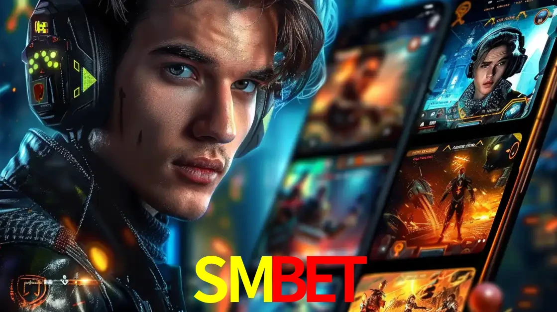 Jovem jogador com fones de ouvido olhando para a câmera, com um aplicativo de jogos e e-sports para celular ao fundo, pronto para a competição e apostas no SMBET.