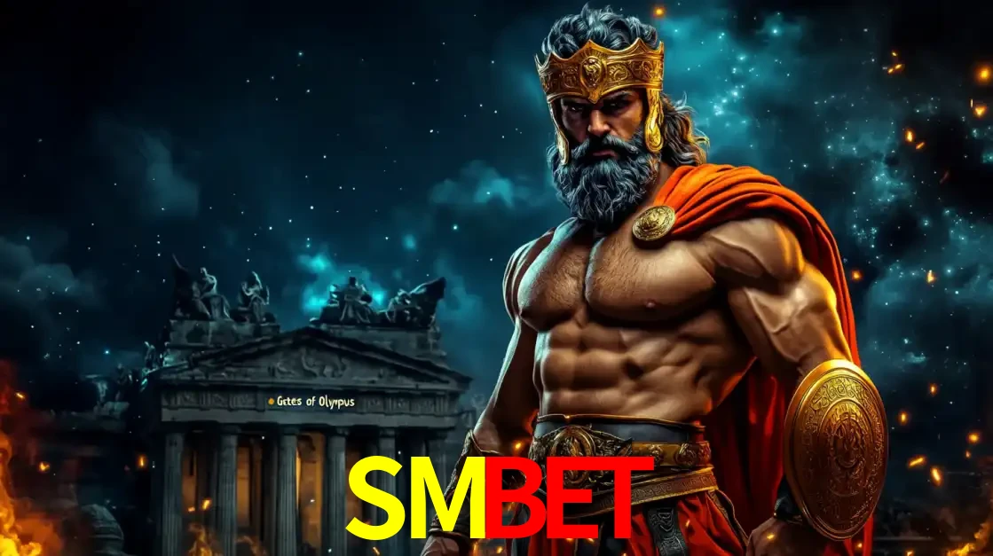 O poderoso Zeus do jogo de slot Gates of Olympus em frente ao seu templo, pronto para lançar multiplicadores divinos e prêmios épicos no cassino online SMBET.