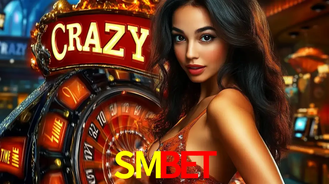 Mulher glamourosa olhando para a câmera com a roda vermelha do Crazy Time ao fundo em um ambiente de cassino, destacando a emoção dos jogos ao vivo no SMBET.