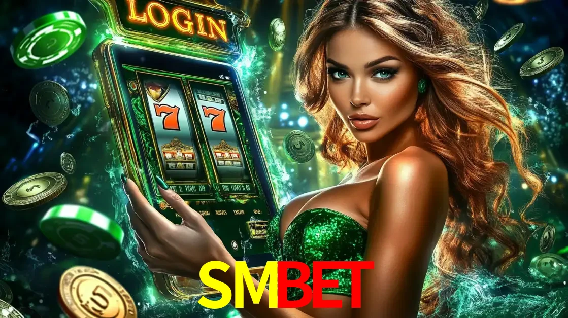 Mulher com tema verde apresentando o aplicativo do cassino SMBET com um jogo de slot de 777, cercada por fichas de cassino e uma aura de sorte.