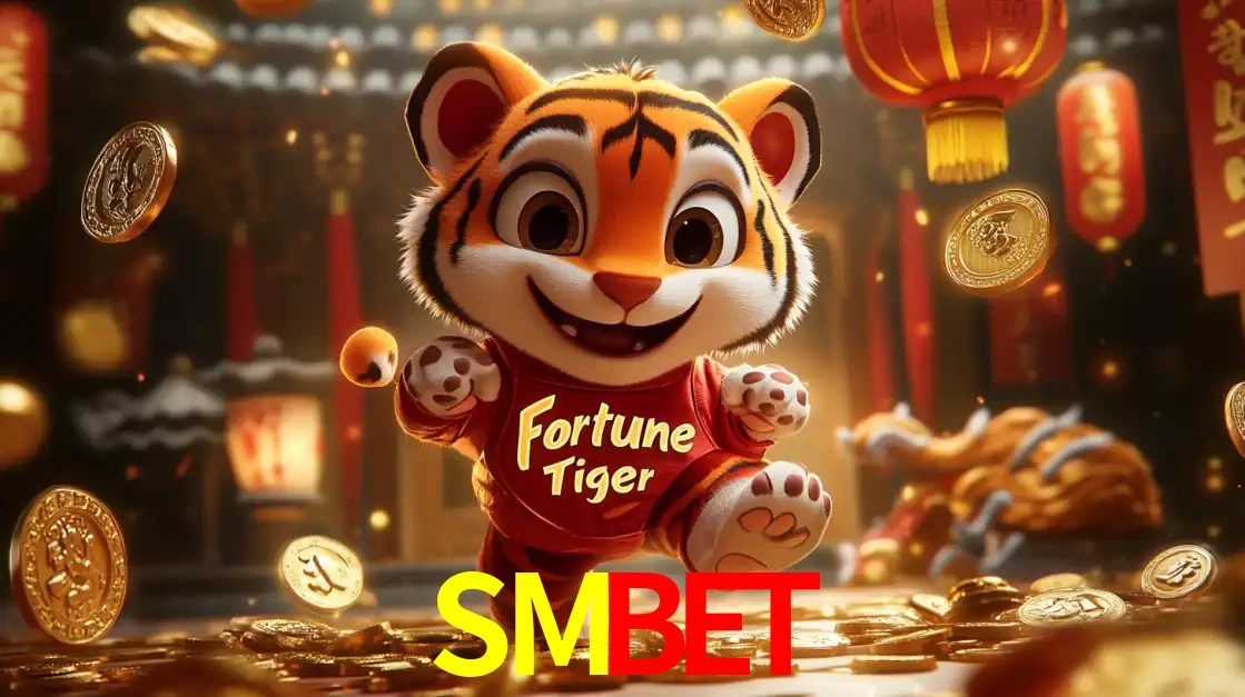 O alegre personagem do Fortune Tiger correndo sobre um caminho de moedas de ouro, simbolizando os grandes prêmios e a diversão do popular jogo de slot do SMBET.