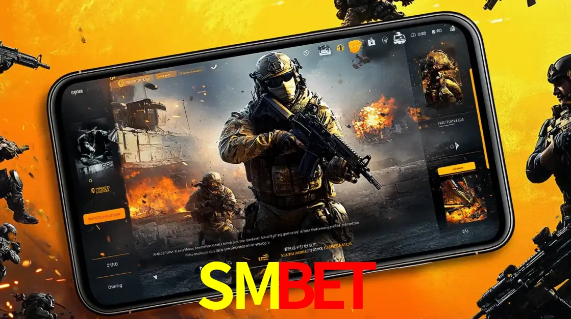 Um smartphone exibindo a interface de um jogo de tiro em primeira pessoa, com um soldado em um cenário de batalha, representando a ação dos e-sports para apostar no SMBET.