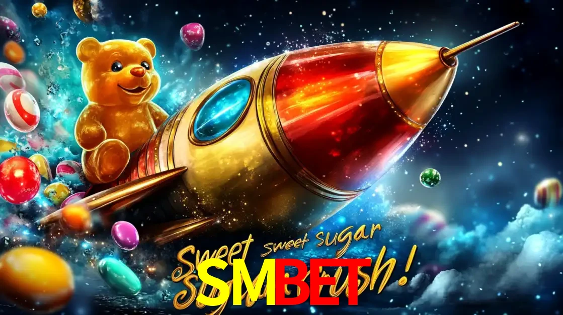 Arte promocional do jogo de slot Sugar Rush, com um urso de pelúcia em um foguete viajando pelo espaço de doces, um dos jogos divertidos disponíveis no cassino SMBET.