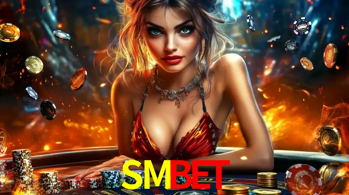 Mulher em uma mesa de cassino com pilhas de fichas e um fundo de fogo, pronta para uma rodada de altas apostas nos jogos de mesa emocionantes do cassino SMBET.