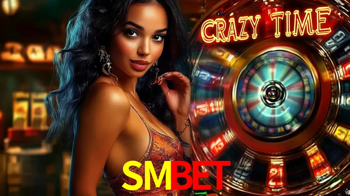 Mulher elegante ao lado da vibrante roda da fortuna do jogo de cassino ao vivo Crazy Time, um dos game shows mais populares e cheios de prêmios do SMBET.