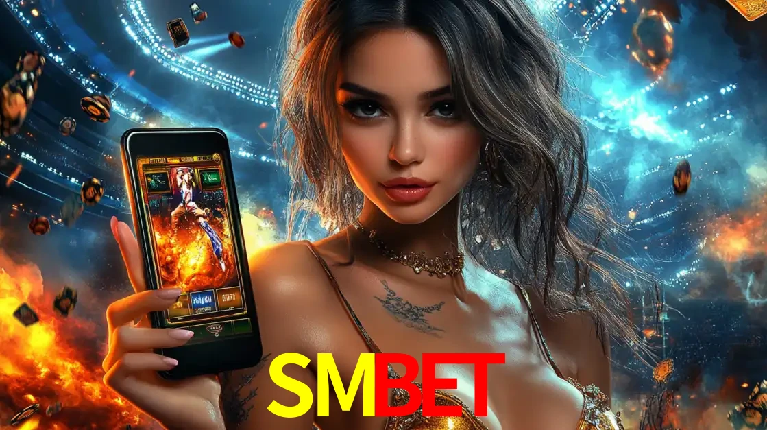 Mulher segurando um celular com um jogo de slot em destaque, tendo como fundo um estádio vibrante, simbolizando a emoção de jogar no cassino móvel SMBET.