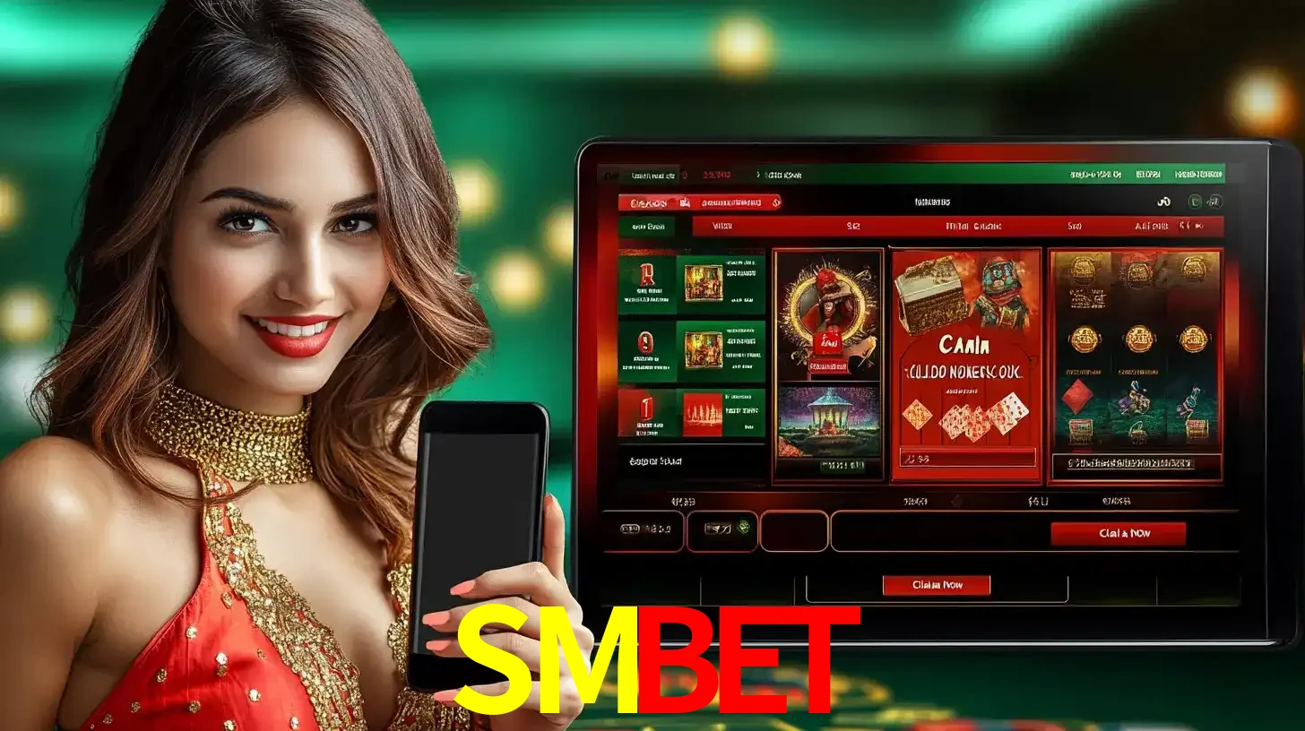Mulher sorridente segurando um smartphone, ao lado de uma tela exibindo o lobby de jogos do cassino online SMBET, com várias opções de jogos de cartas e slots.